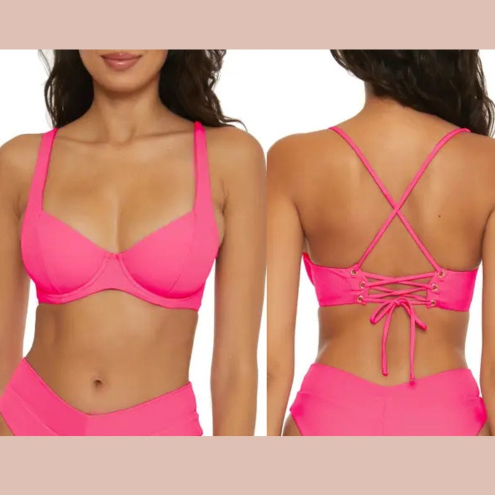 NWT $88 Becca [ D Cup ] Rib Modern‎ Edge Underwire Bikini Top in Pink U1504